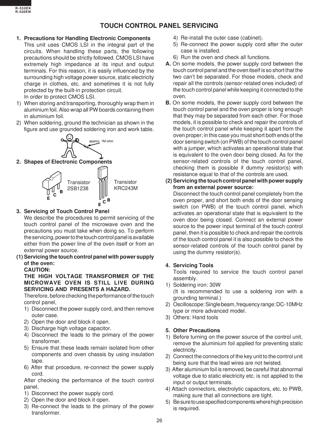 Sharp R-530EK service manual Touch Control Panel Servicing, KRC243M 