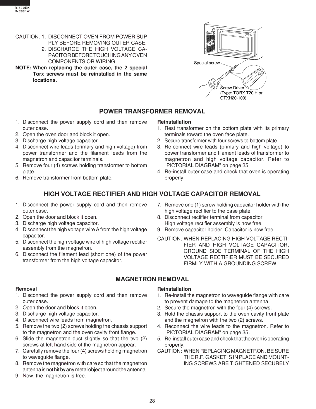 Sharp R-530EK Power Transformer Removal, High Voltage Rectifier and High Voltage Capacitor Removal, Magnetron Removal 