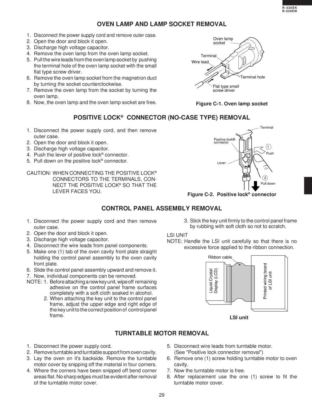 Sharp R-530EK Oven Lamp and Lamp Socket Removal, Positive Lock Connector NO-CASE Type Removal, Turntable Motor Removal 
