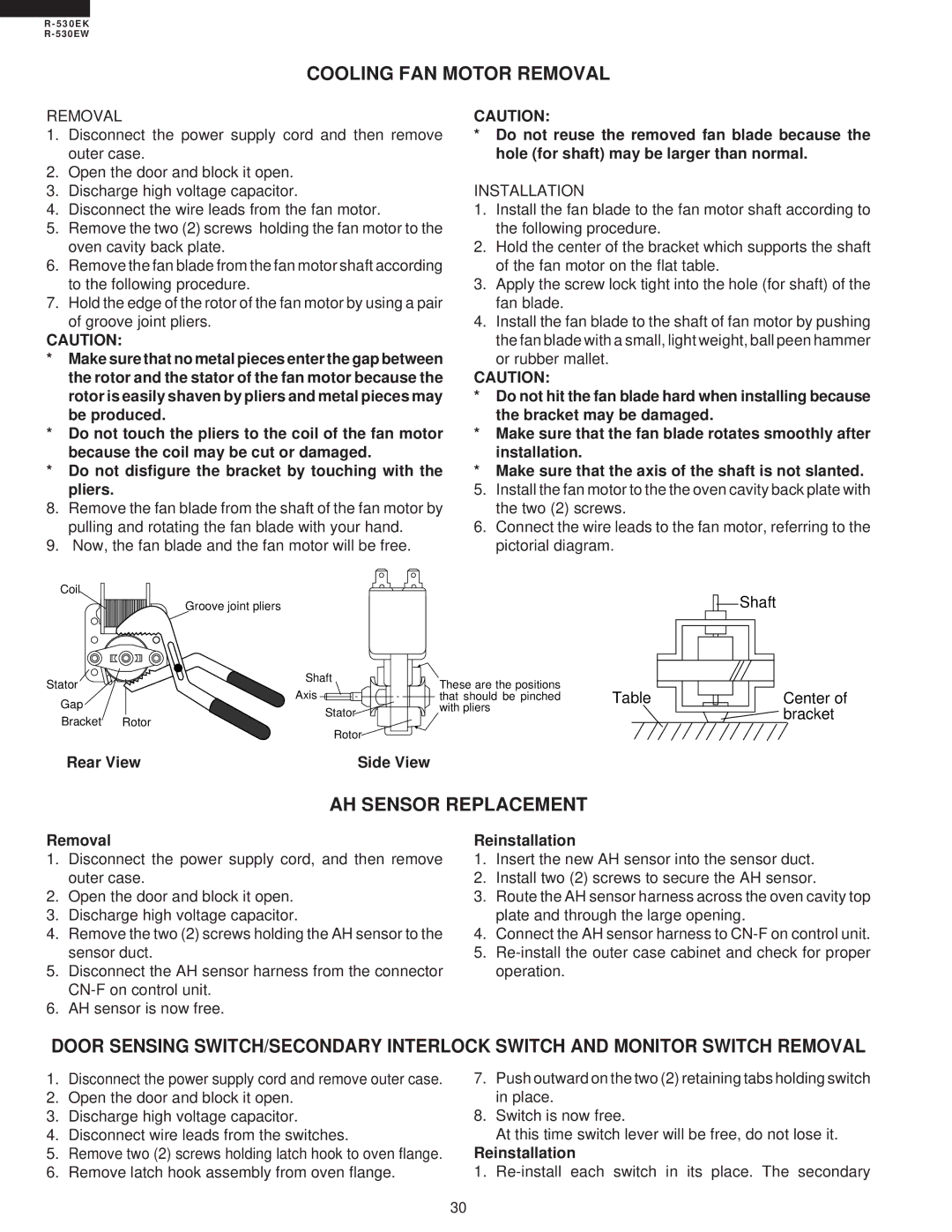 Sharp R-530EK service manual Cooling FAN Motor Removal, AH Sensor Replacement, Installation, Rear View 