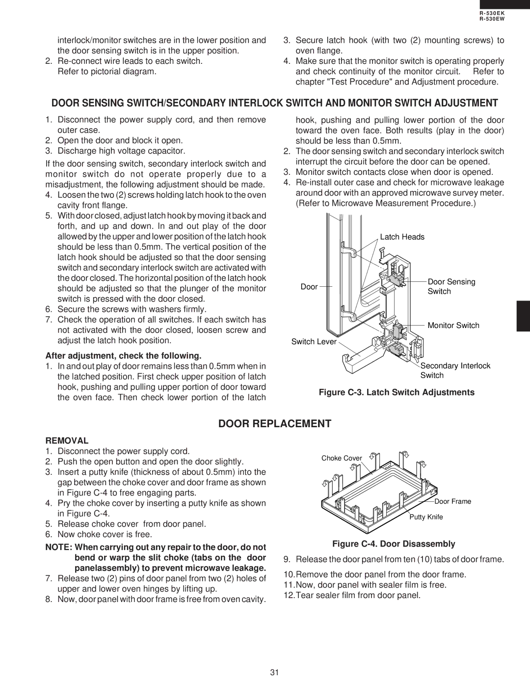 Sharp R-530EK service manual Door Replacement, After adjustment, check the following, Removal 