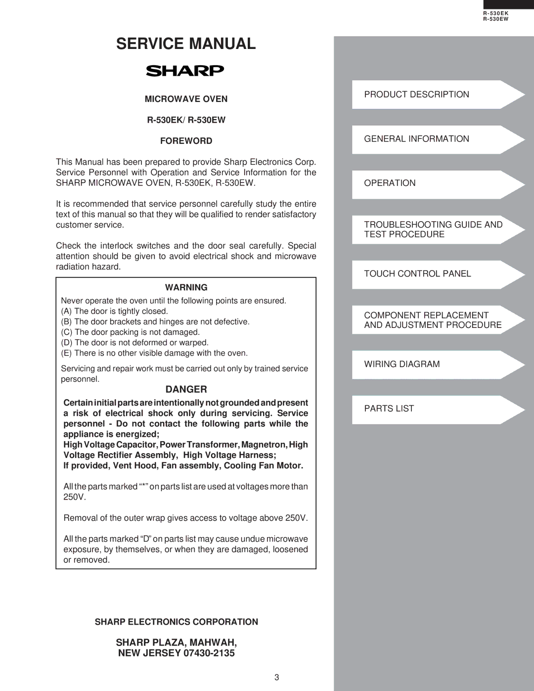 Sharp R-530EK service manual Sharp PLAZA, Mahwah, Microwave Oven, 530EK/ R-530EW, Foreword, Sharp Electronics Corporation 