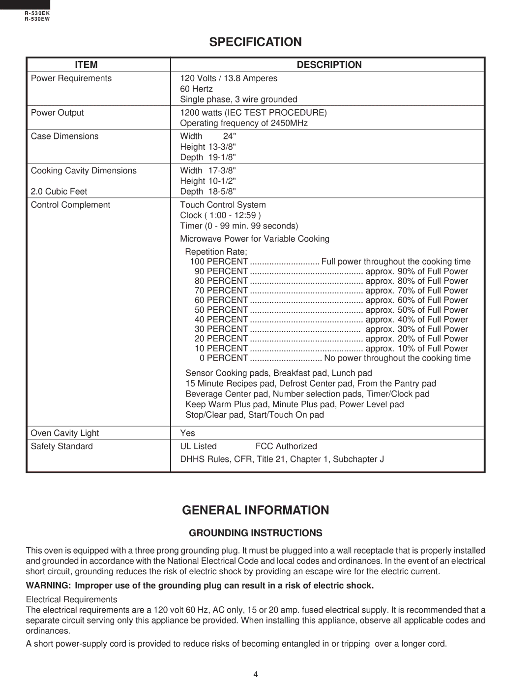 Sharp R-530EK service manual Specification, General Information, Description, Grounding Instructions, Percent 