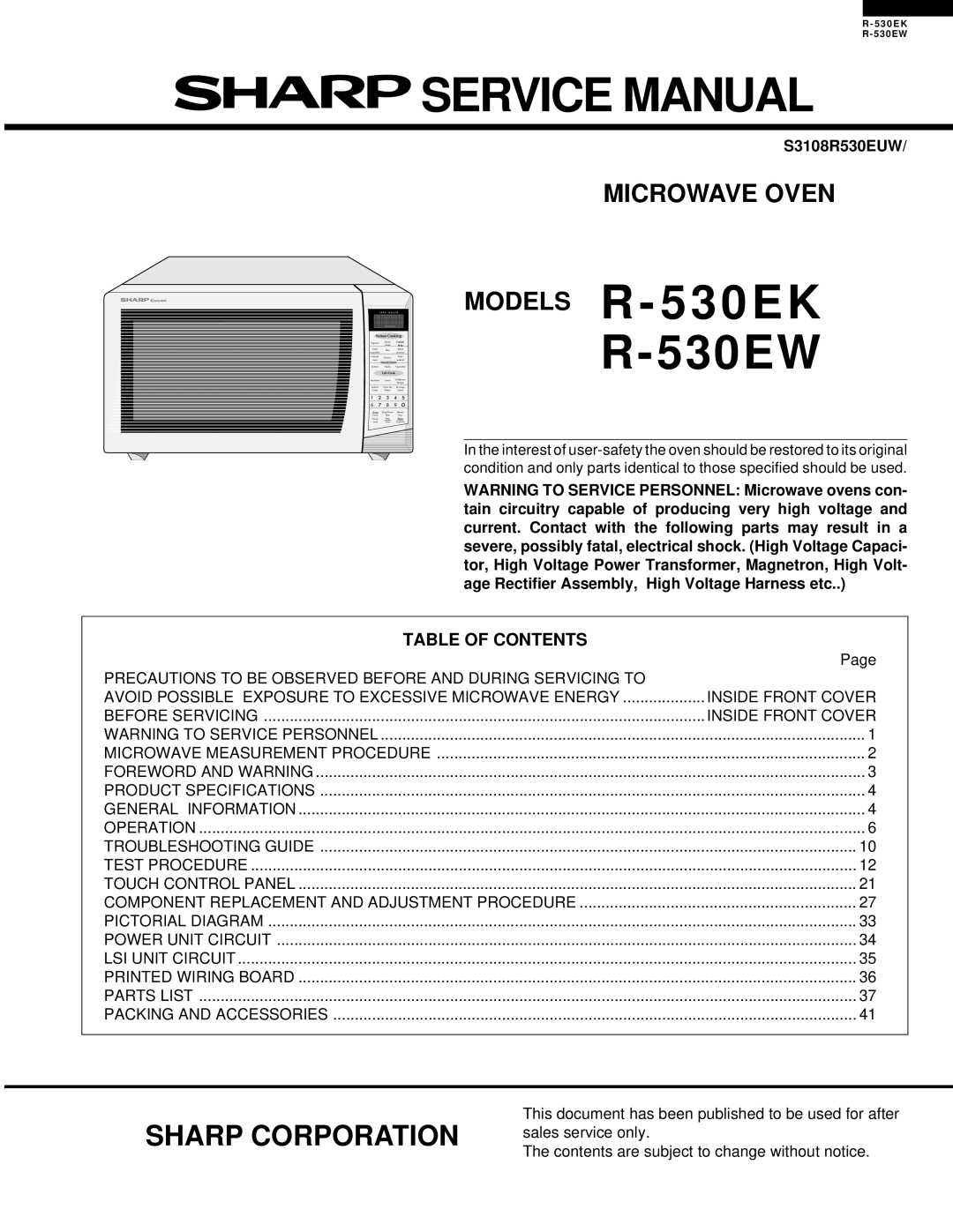 Sharp R-530EK service manual Sharp Corporation, Table Of Contents, MODELS R - 5 3 0 E K R-530EW, Microwave Oven 