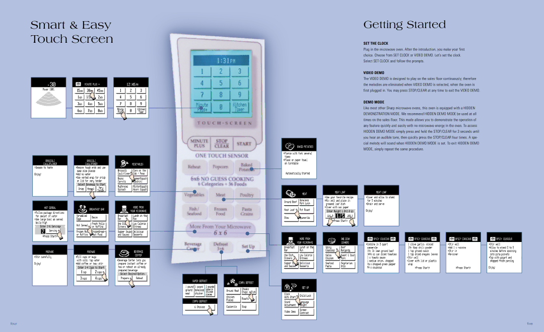 Sharp R-540DK, R-540DW manual Smart & Easy Touch Screen, Getting Started, SET the Clock, Video Demo, Demo Mode 