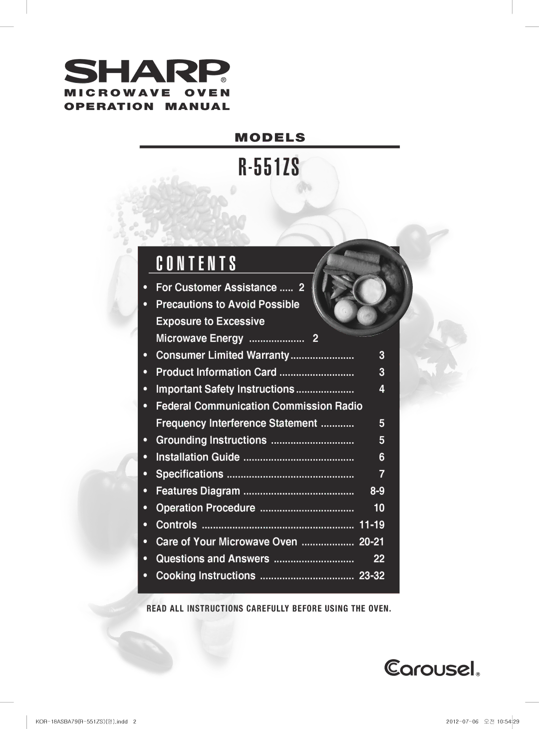 Sharp R-551ZS warranty N T E N T S, Models 