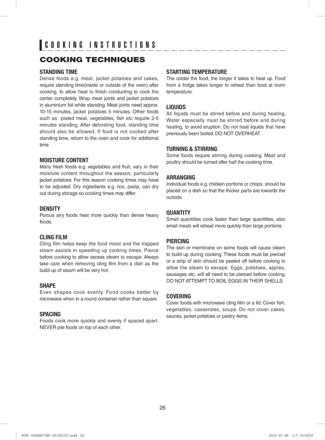 Sharp R-551ZS warranty Cooking Techniques, Standing Time 