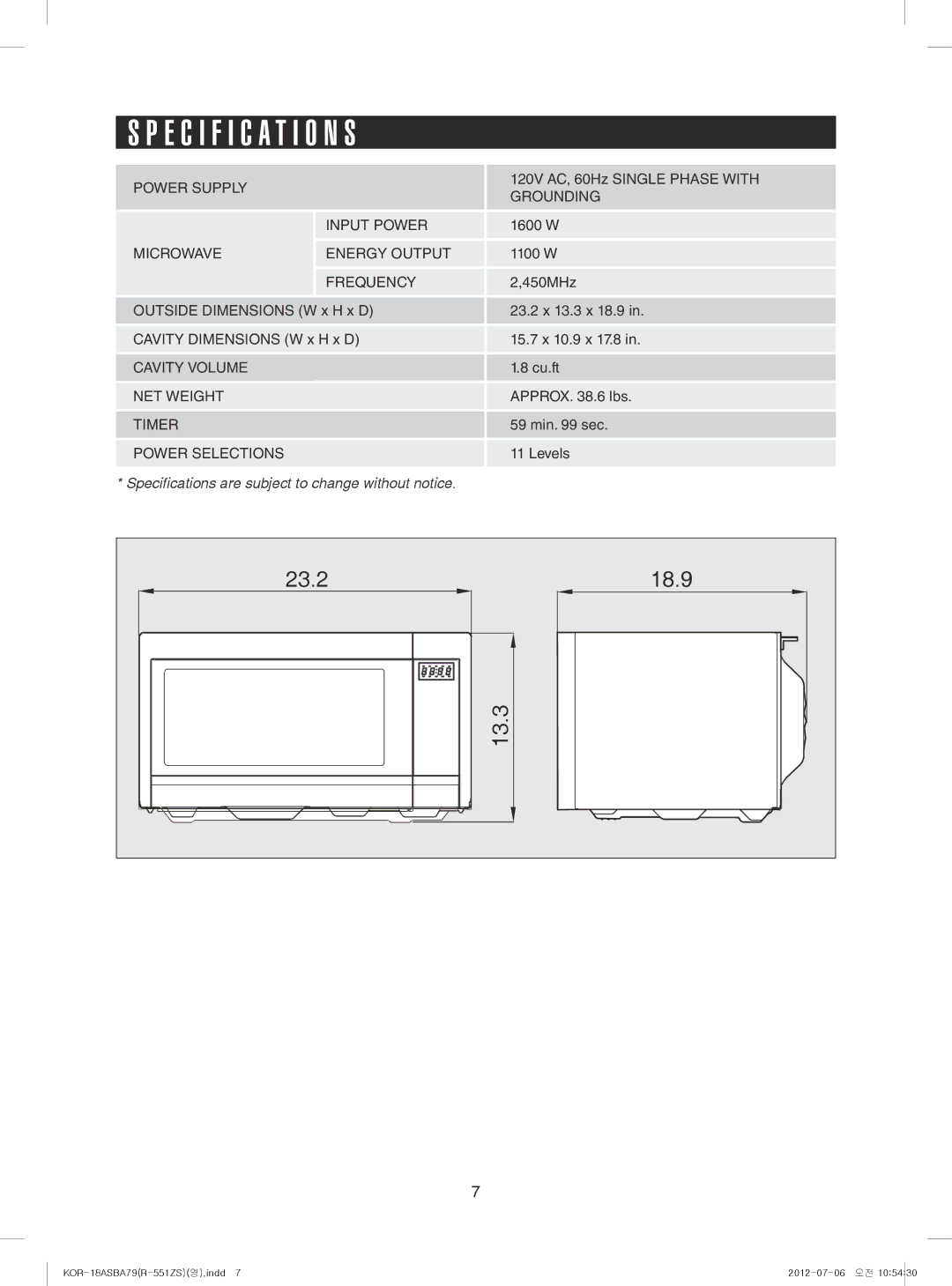 Sharp R-551ZS warranty Specification S, Frequency 