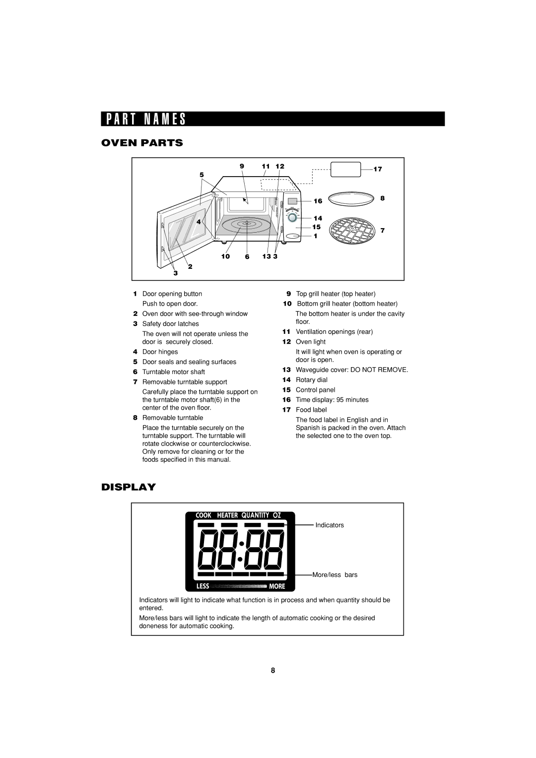 Sharp R-55TS operation manual R T N a M E S, Oven Parts, Display 