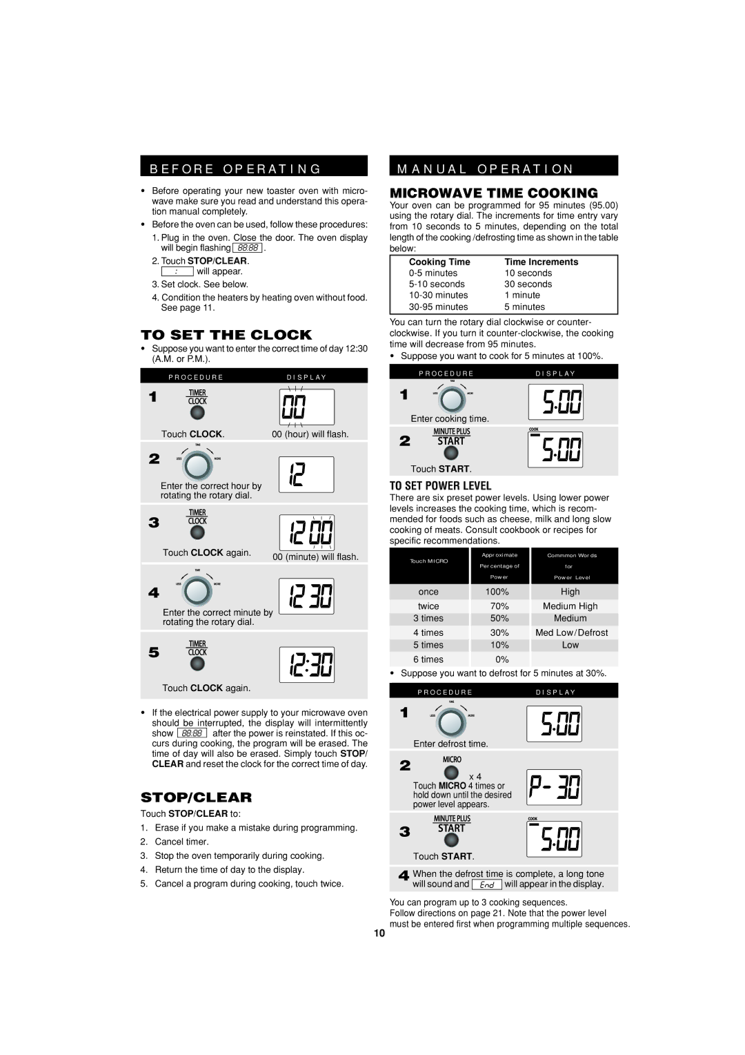 Sharp R-55TS operation manual To SET the Clock, Stop/Clear, Microwave Time Cooking, O C E D U R ED I S P L a Y 