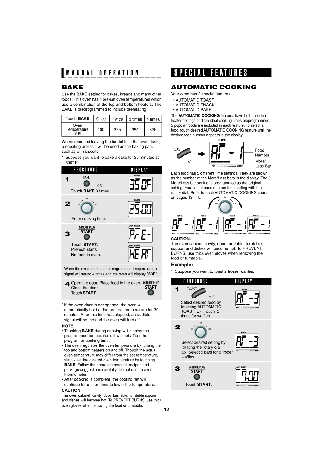 Sharp R-55TS operation manual Automatic Cooking, Automatic Toast Automatic Snack Automatic Bake 