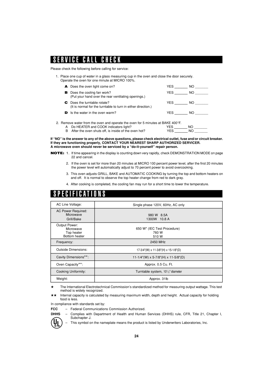 Sharp R-55TS operation manual R V I C E C a L L C H E C K, Specification S, Federal Communications Commission Authorized 