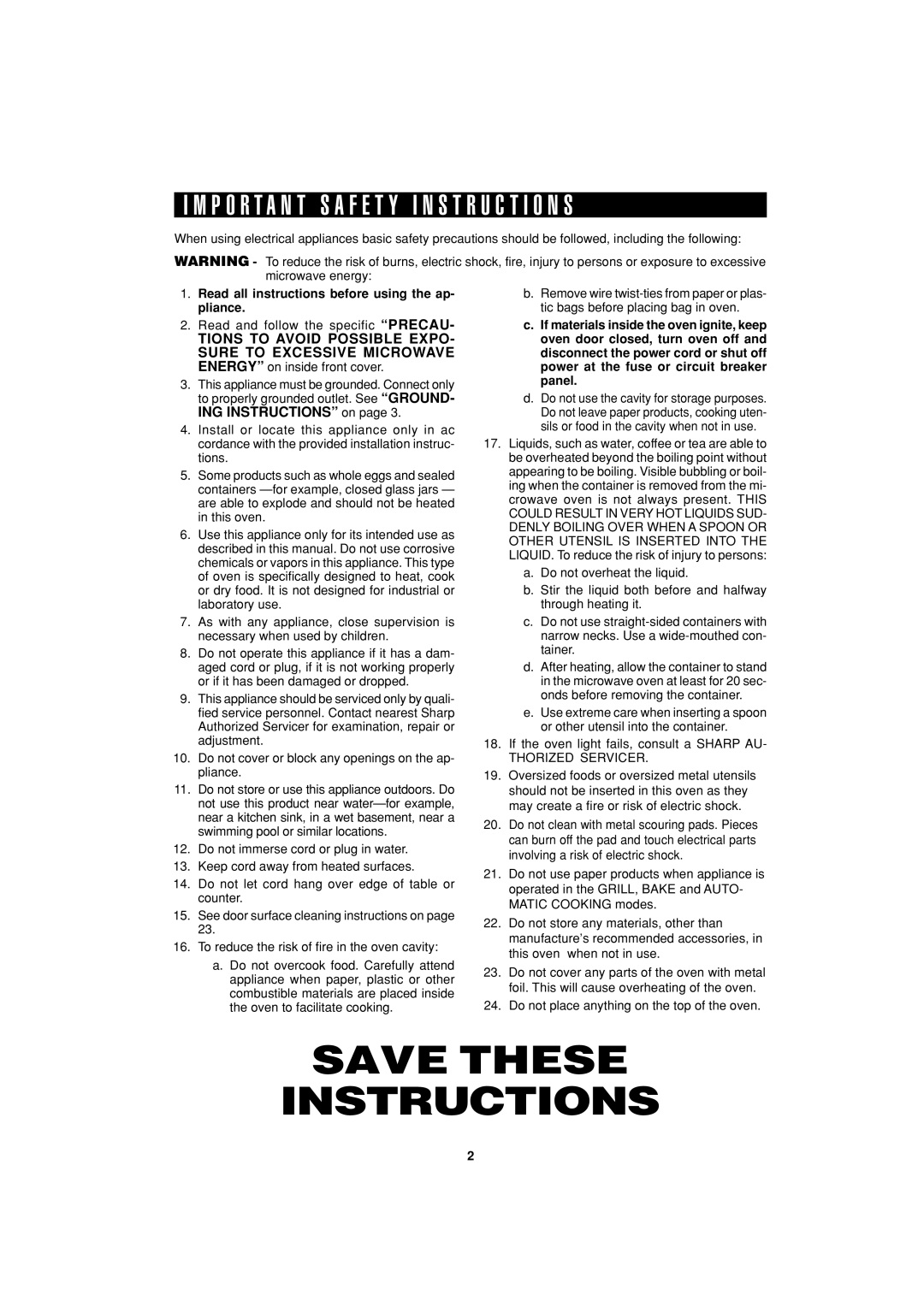 Sharp R-55TS operation manual Save These Instructions 