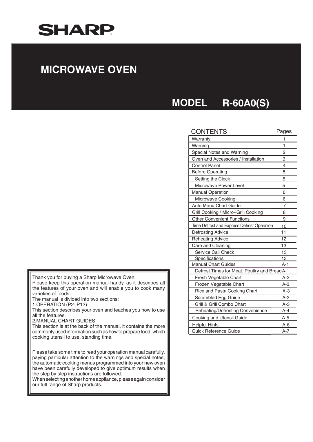 Sharp R-60A0S operation manual Microwave Oven 