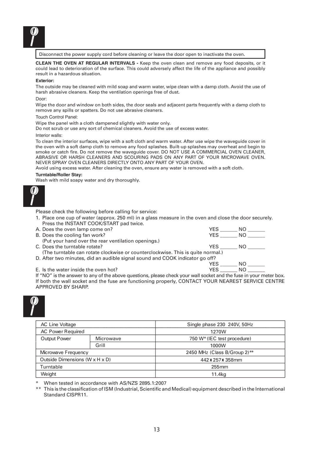 Sharp R-60A0S operation manual Care and Cleaning, Service Call Check, Specifications 