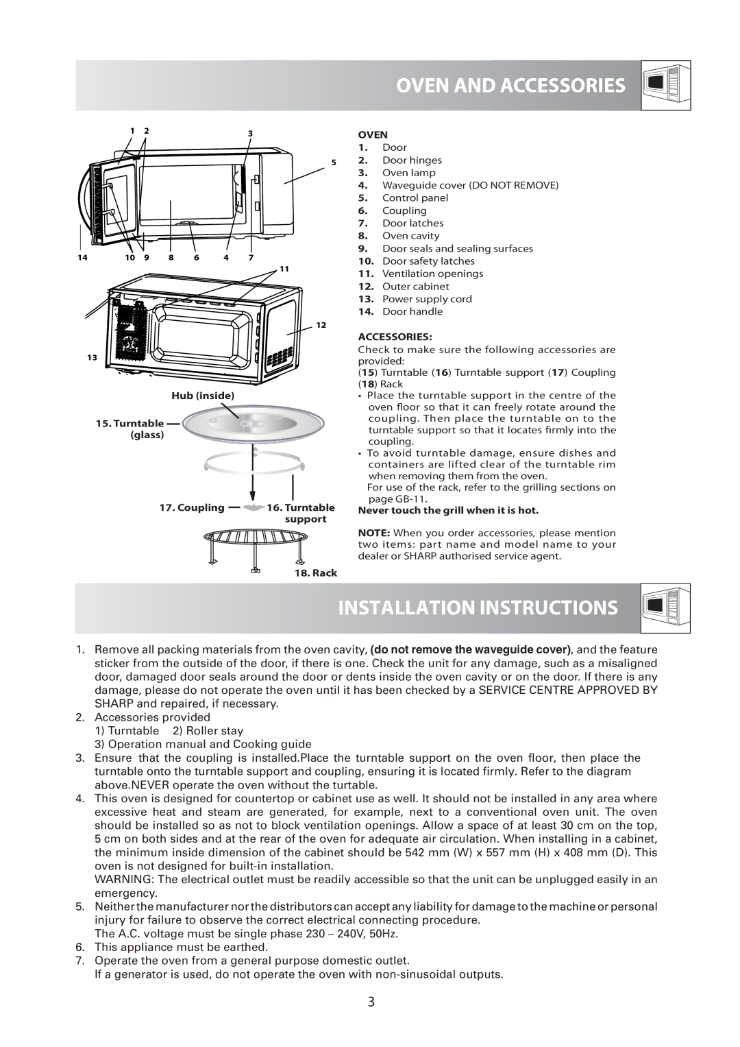 Sharp R-60A0S operation manual Oven and Accessories, Installation Instructions 