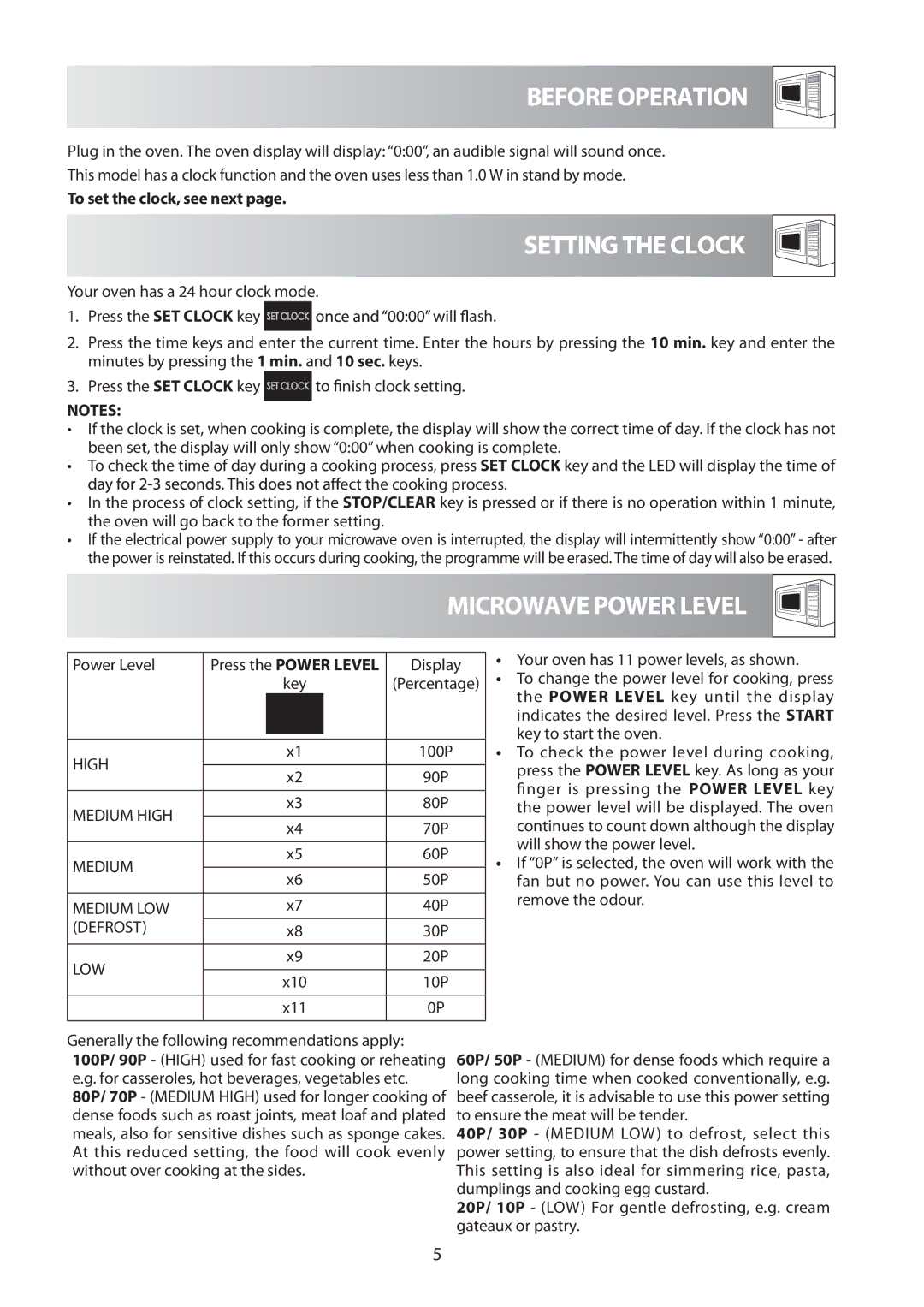 Sharp R-60A0S operation manual Before Operation, Setting the Clock, Microwave Power Level, To set the clock, see next 