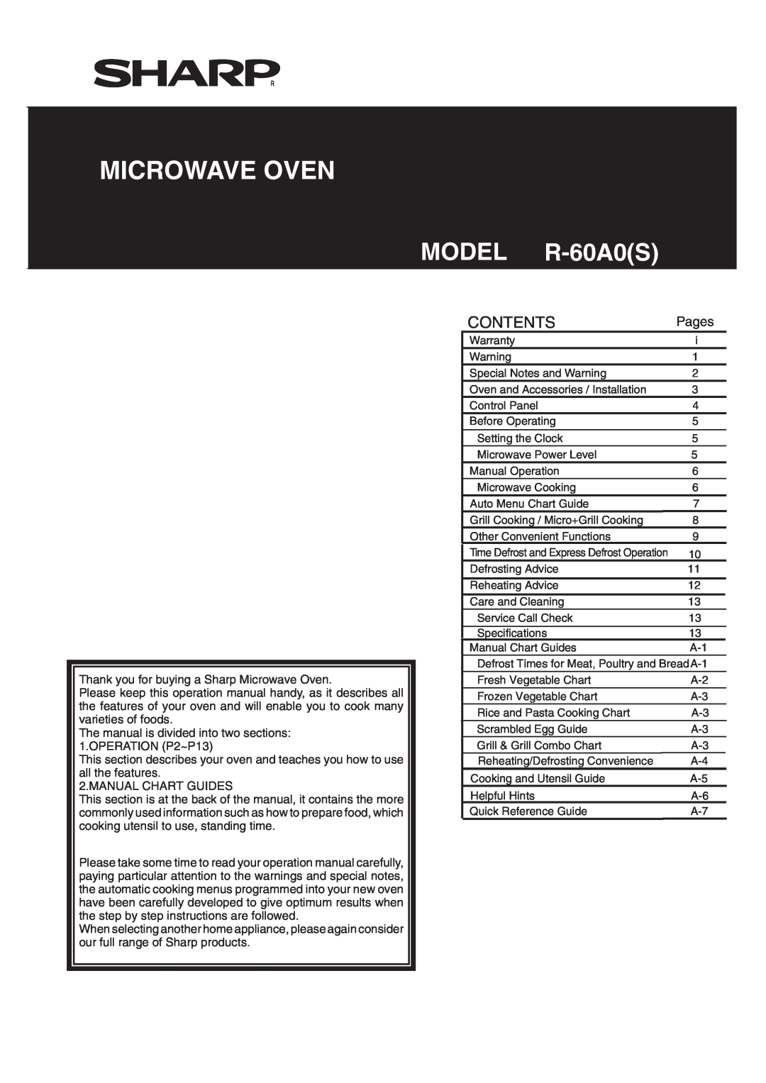 Sharp operation manual Microwave Oven, MODEL R-60A0S, OPERATION MANUAL and COOKING GUIDE, Contents, Pages 
