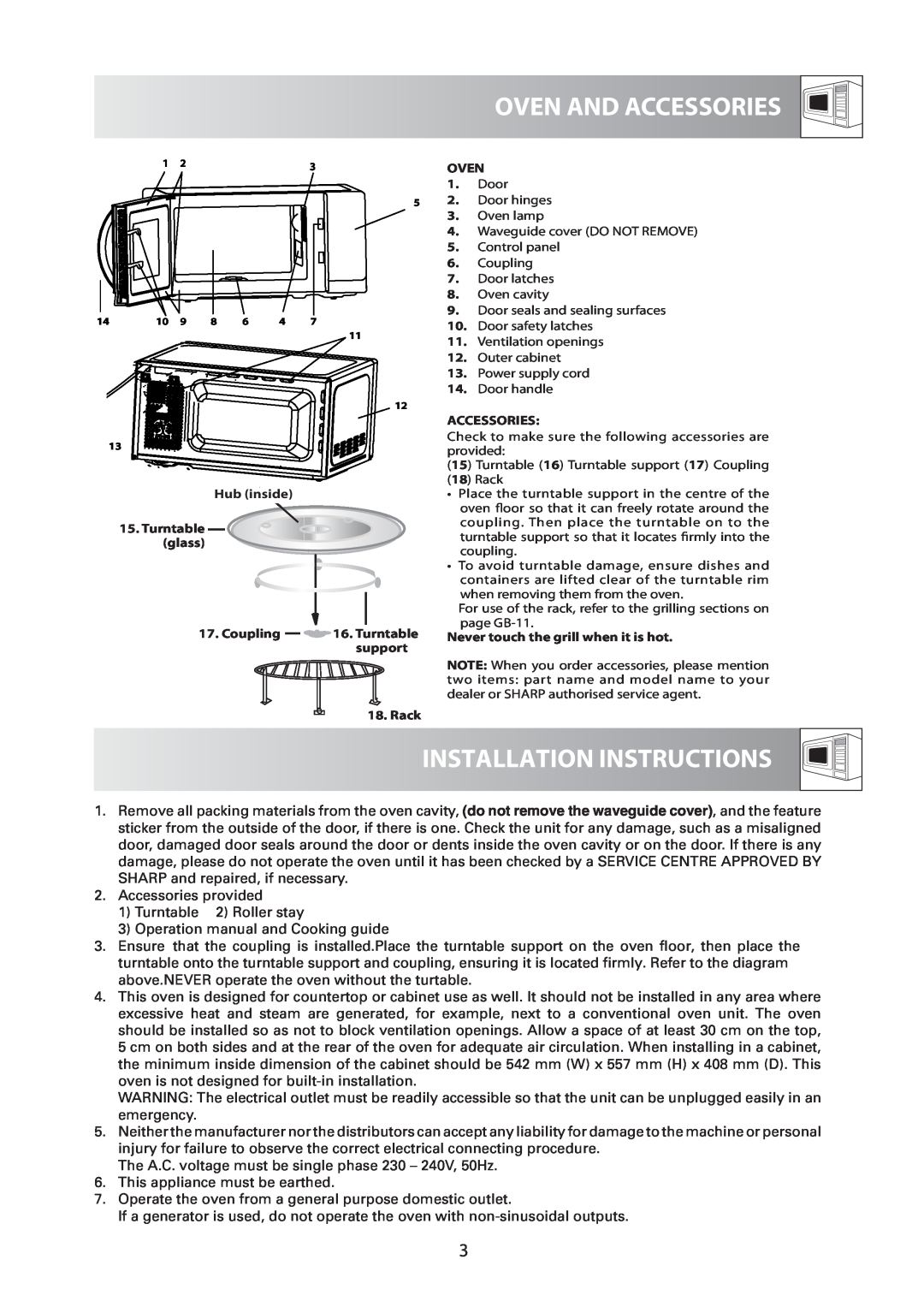 Sharp R-60A0S operation manual Oven And Accessories, Installation Instructions 