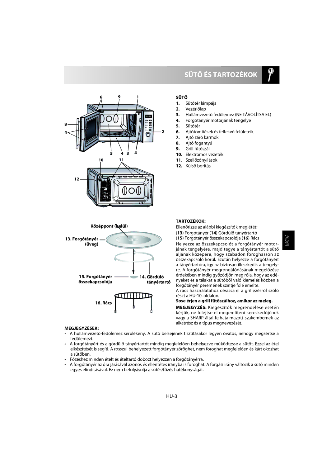 Sharp R-60ST manual Sütő ÉS Tartozékok, HU-3, Megjegyzések 