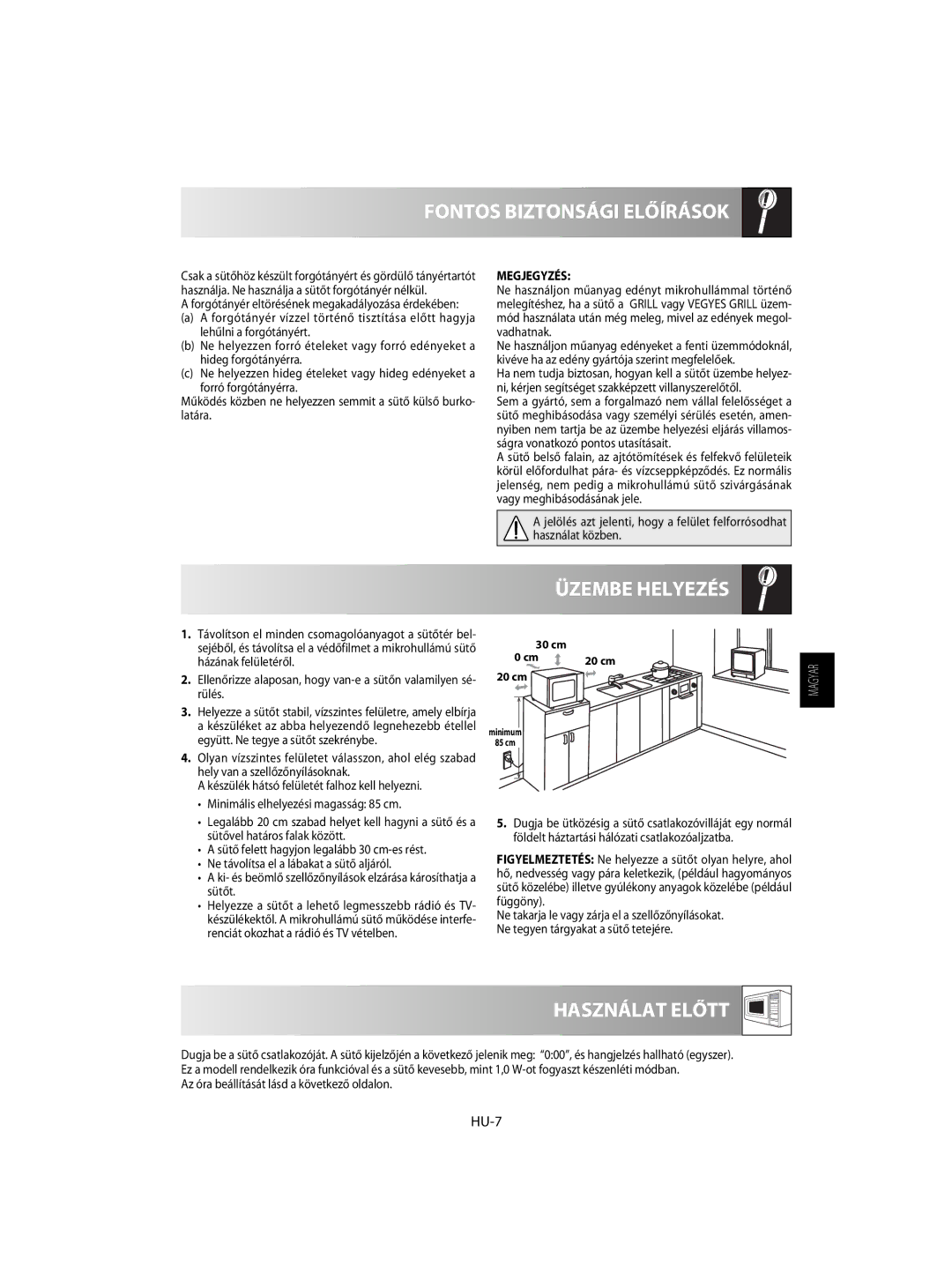 Sharp R-60ST manual Üzembe Helyezés, Használat Előtt, HU-7, Megjegyzés, Az óra beállítását lásd a következő oldalon 