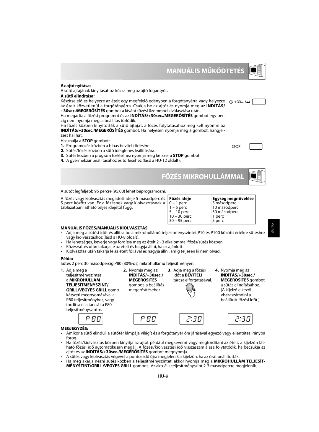 Sharp R-60ST manual Manuális Működtetés, Főzés Mikrohullámmal, HU-9 