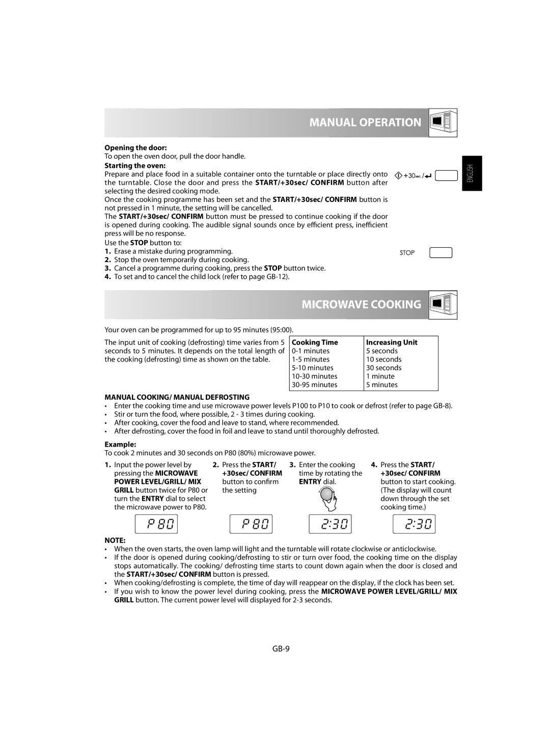 Sharp R-60ST manual Manual Operation, Microwave Cooking, GB-9, Manual COOKING/ Manual Defrosting 