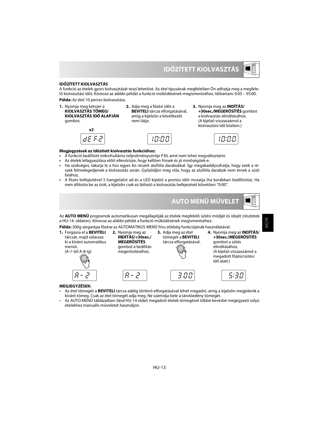 Sharp R-60ST manual Időzített Kiolvasztás, Auto Menü Művelet, HU-13, Megjegyzések az időzített kiolvasztás funkcióhoz 