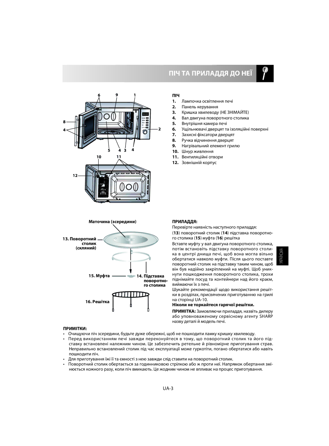 Sharp R-60ST manual ПІЧ ТА Приладдя ДО НЕЇ, UA-3, Піч, Примітки Приладдя 