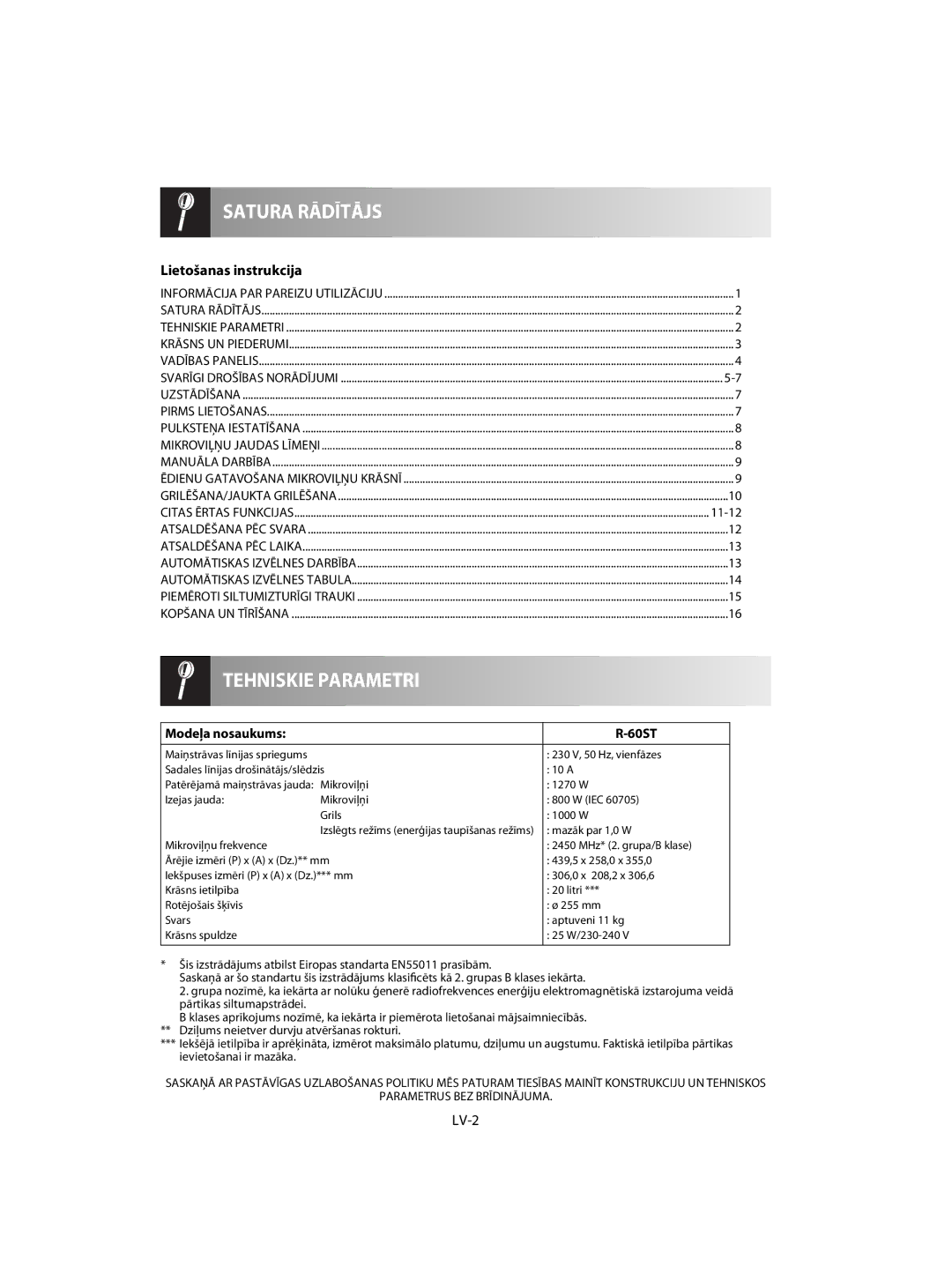 Sharp R-60ST manual Lietošanas instrukcija, LV-2, Modeļa nosaukums 60ST, 230 V, 50 Hz, vienfāzes, Mazāk par 1,0 W 