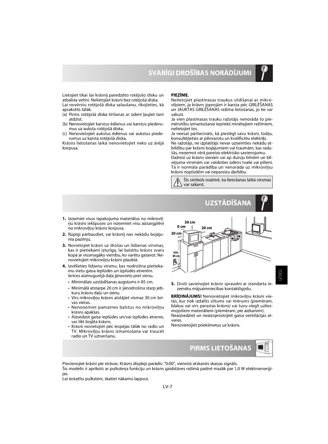 Sharp R-60ST manual Svarīgi Drošības Norādījumi, Uzstādīšana, Pirms Lietošanas, LV-7, Piezīme 