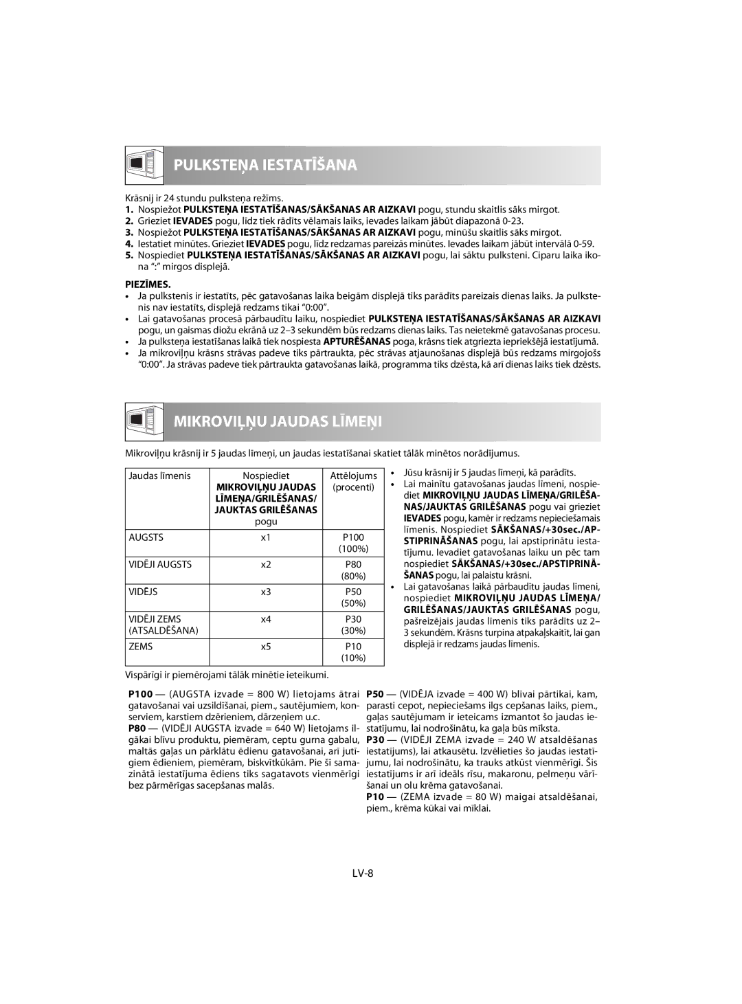 Sharp R-60ST manual LV-8, Nospiediet Mikroviļņu Jaudas Līmeņa 