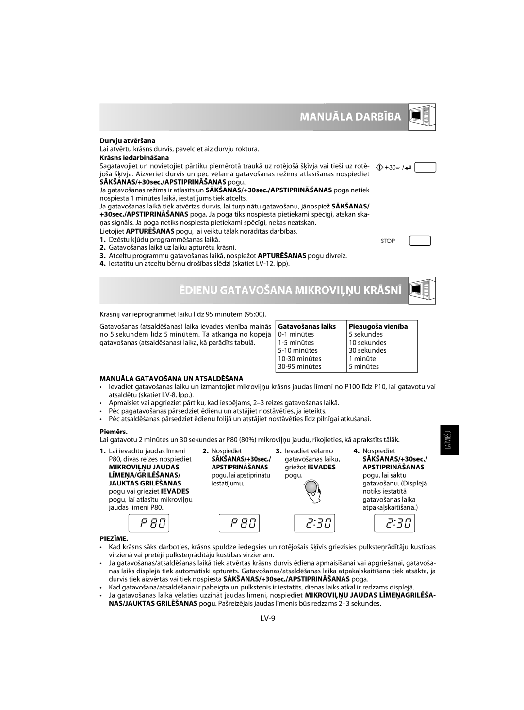 Sharp R-60ST manual Manuāla Darbība, Ēdienu Gatavošana Mikroviļņu Krāsnī, LV-9 