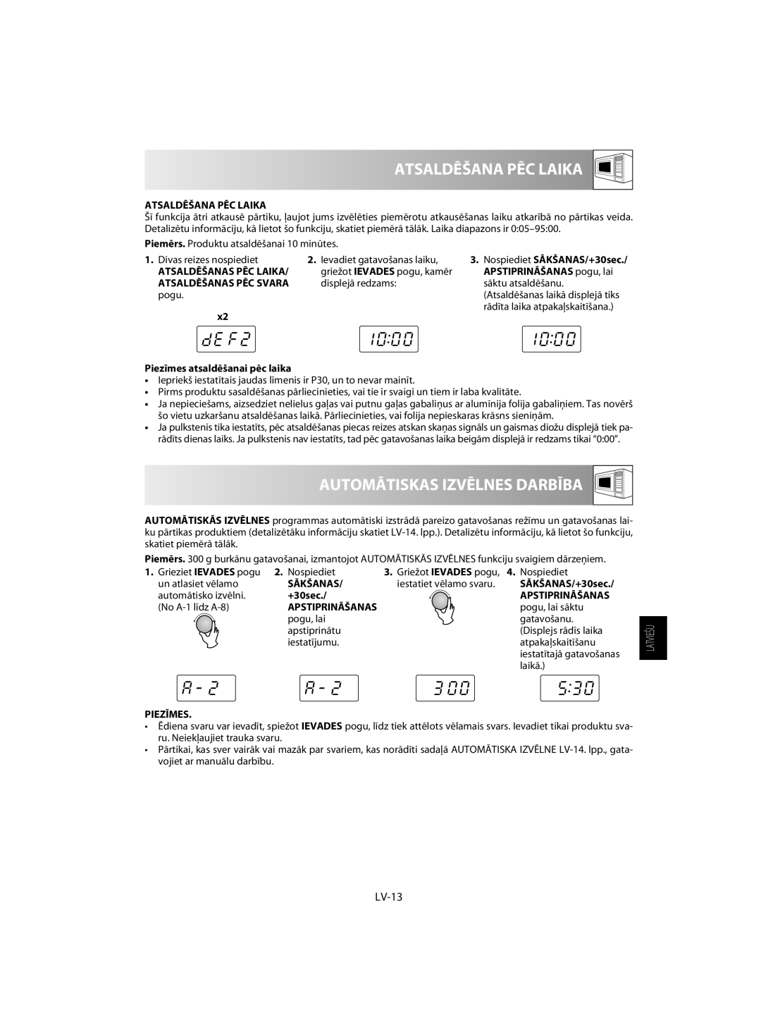 Sharp R-60ST manual Atsaldēšana PĒC Laika, Automātiskas Izvēlnes Darbība, LV-13, Sākšanas 