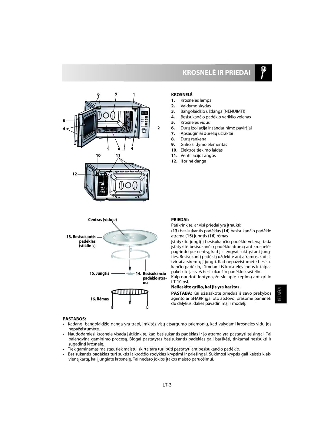 Sharp R-60ST manual LT-3, Krosnelė, Priedai, Pastabos 