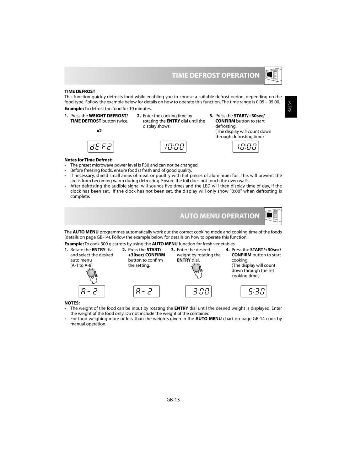 Sharp R-60ST manual Time Defrost Operation, Auto Menu Operation, GB-13, Press the Weight Defrost 