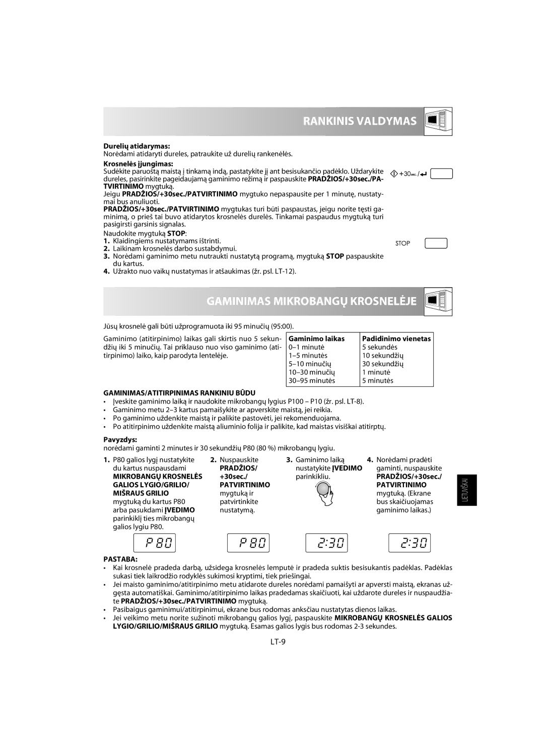 Sharp R-60ST manual Rankinis Valdymas, Gaminimas Mikrobangų Krosnelėje, LT-9 