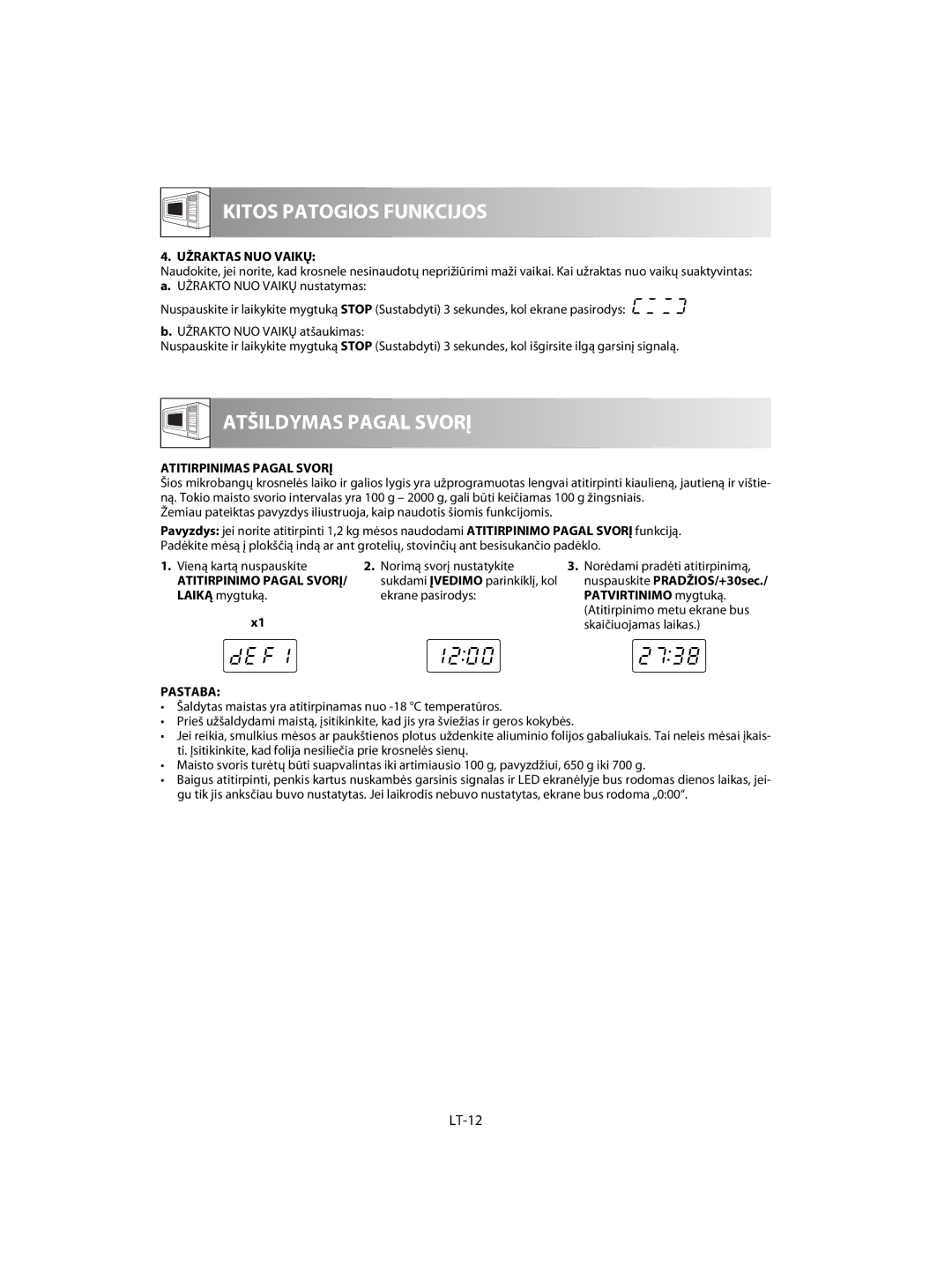 Sharp R-60ST manual LT-12, Užraktas NUO Vaikų, Atitirpinimas Pagal Svorį, Patvirtinimo mygtuką 