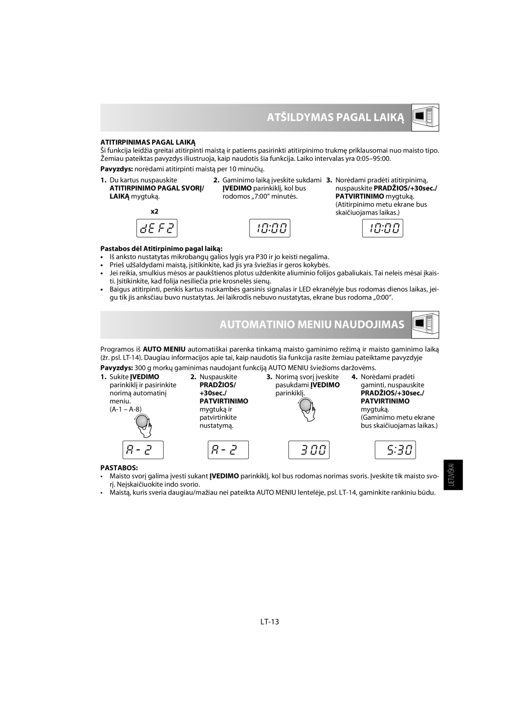 Sharp R-60ST manual Atšildymas Pagal Laiką, Automatinio Meniu Naudojimas, LT-13, Atitirpinimas Pagal Laiką 