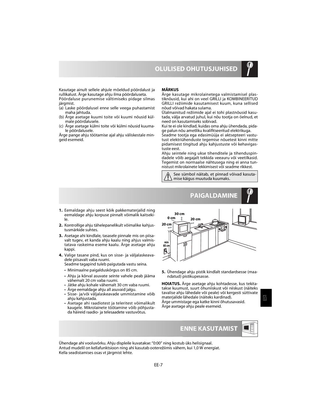 Sharp R-60ST manual Paigaldamine, Enne Kasutamist, EE-7, Märkus, Materjalide lähedale näiteks kardinad 