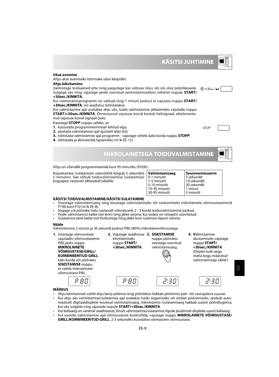 Sharp R-60ST manual Käsitsi Juhtimine, Mikrolainetega Toiduvalmistamine, EE-9 