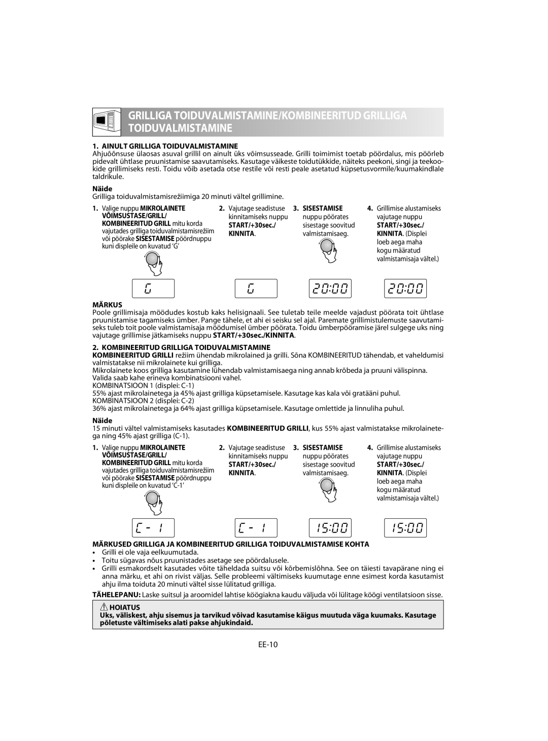 Sharp R-60ST manual EE-10, Ainult Grilliga Toiduvalmistamine, Valige nuppu Mikrolainete, Kinnita 