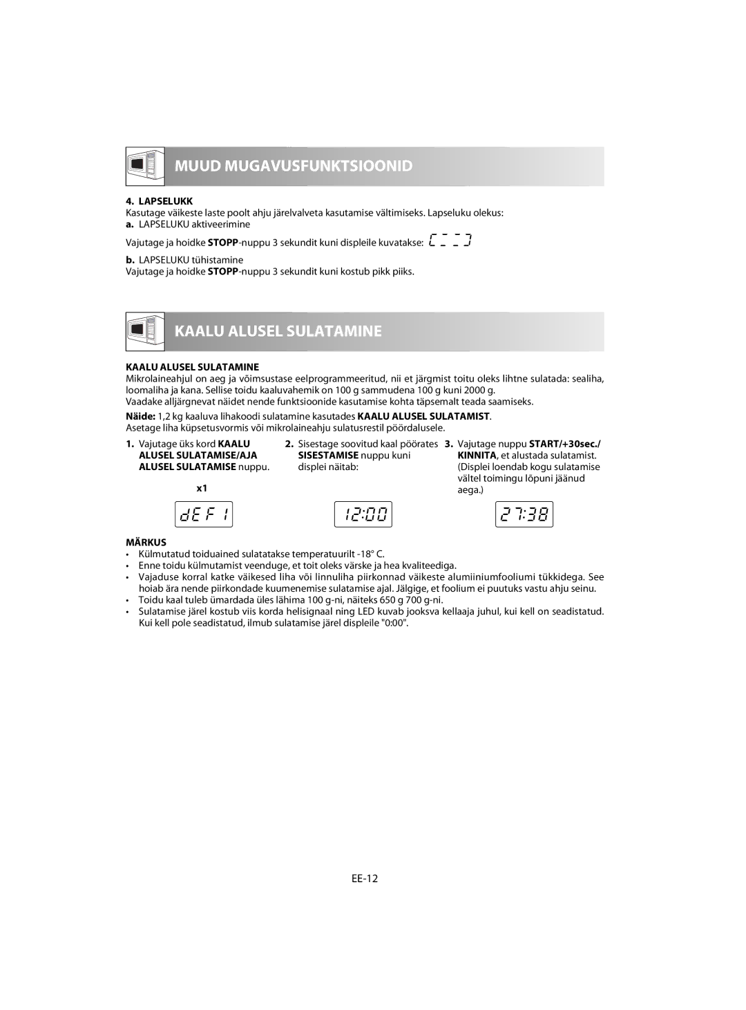 Sharp R-60ST manual EE-12, Lapselukk, Kaalu Alusel Sulatamine, Alusel SULATAMISE/AJA 