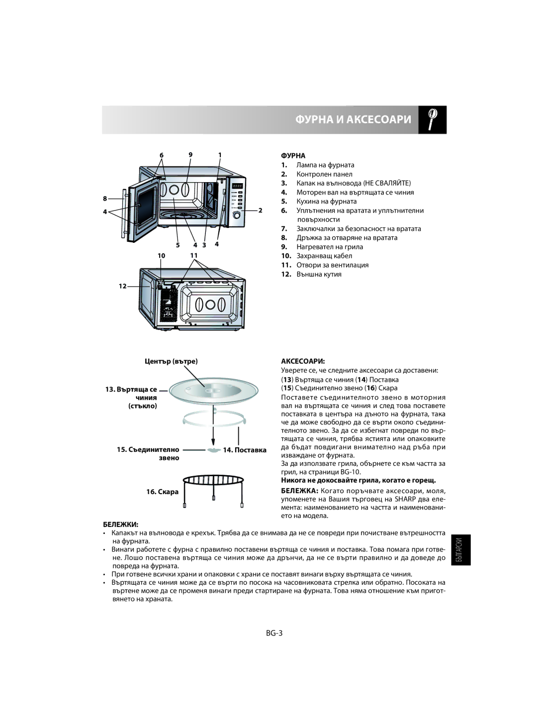 Sharp R-60ST manual BG-3, Фурна, Аксесоари, Бележки 