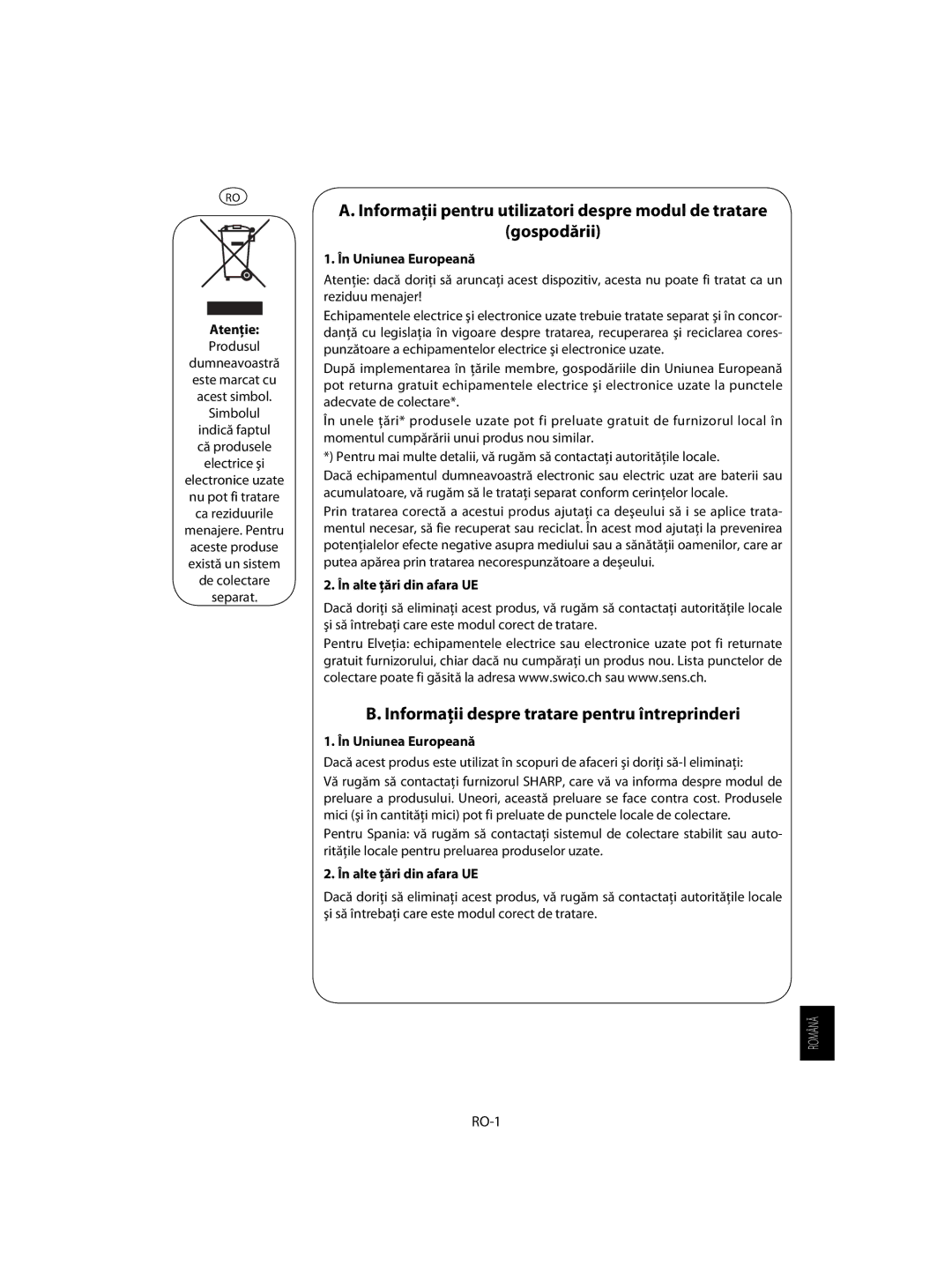 Sharp R-60ST manual Atenţie, În Uniunea Europeană, În alte ţări din afara UE 