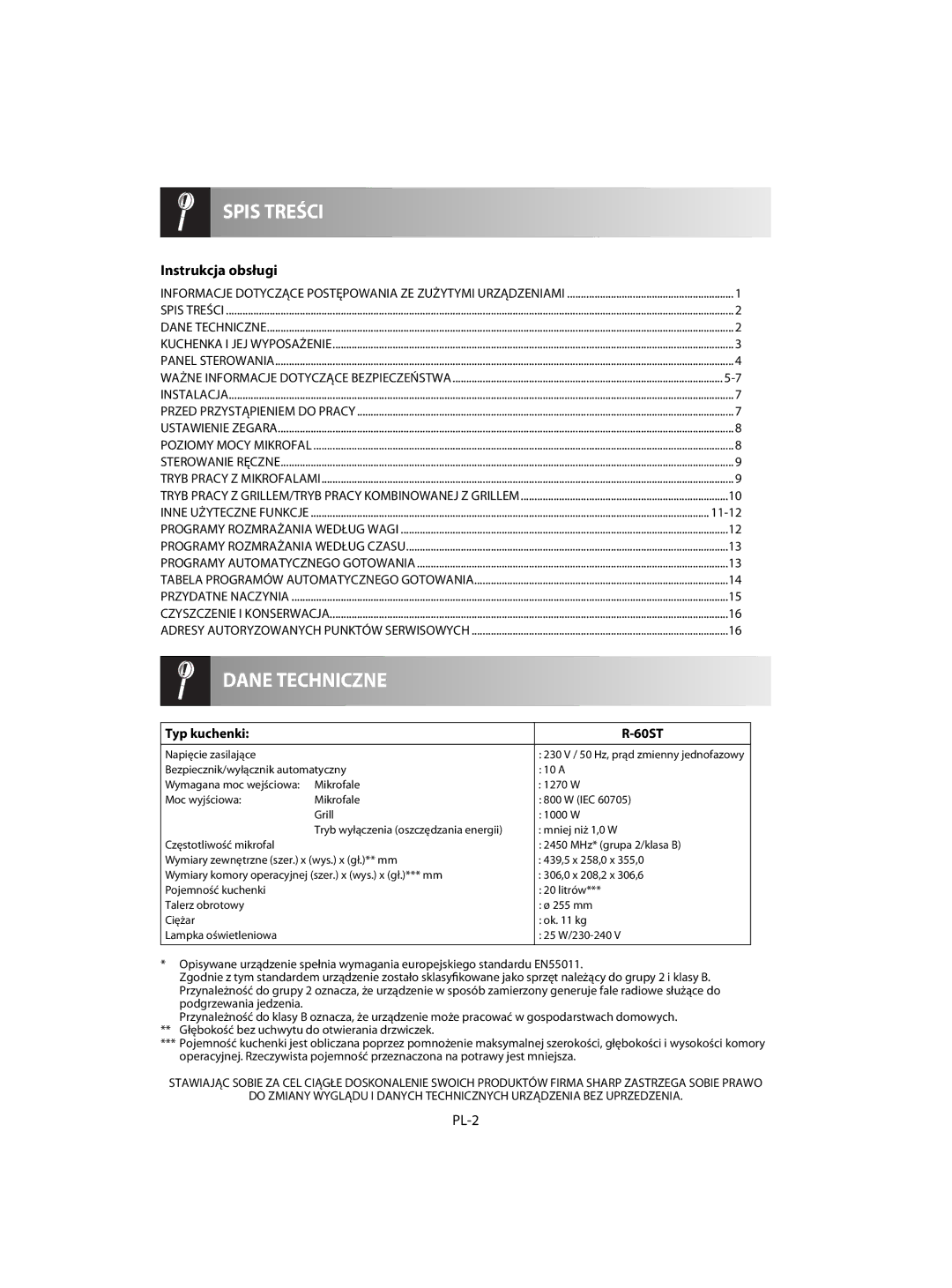 Sharp R-60ST manual Instrukcja obsługi, PL-2, 11-12, Typ kuchenki 60ST, Napięcie zasilające 