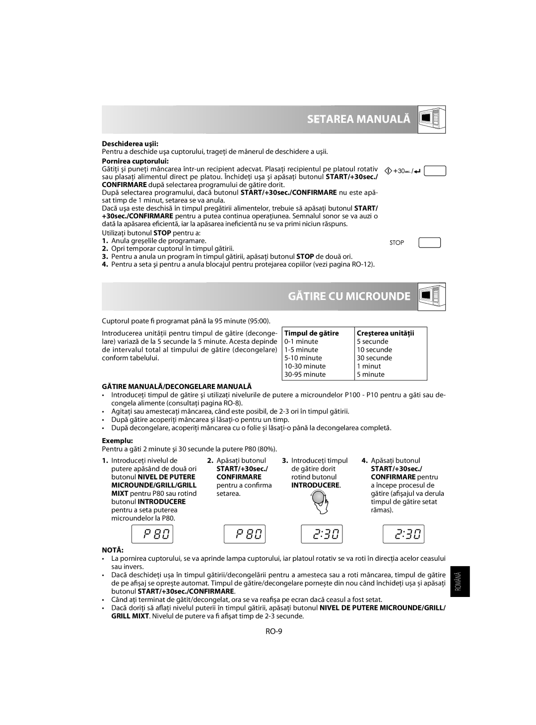 Sharp R-60ST manual Setarea Manuală, Gătire CU Microunde, RO-9 