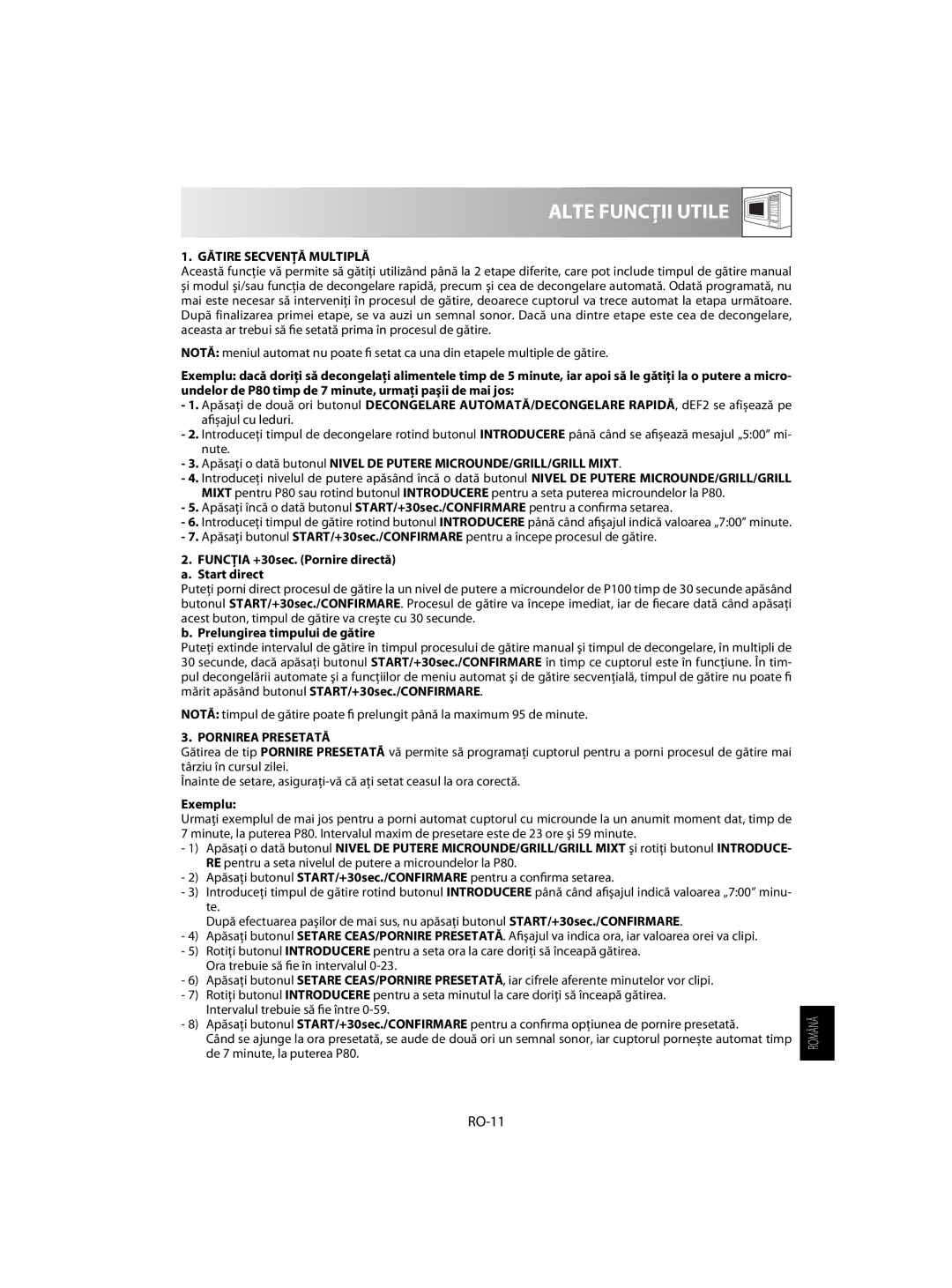 Sharp R-60ST manual Alte Funcţii Utile, RO-11, Gătire Secvenţă Multiplă, Pornirea Presetată 