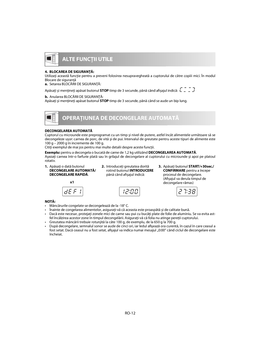 Sharp R-60ST manual RO-12, Blocarea DE Siguranţă, Decongelarea Automată, Decongelare Automată 