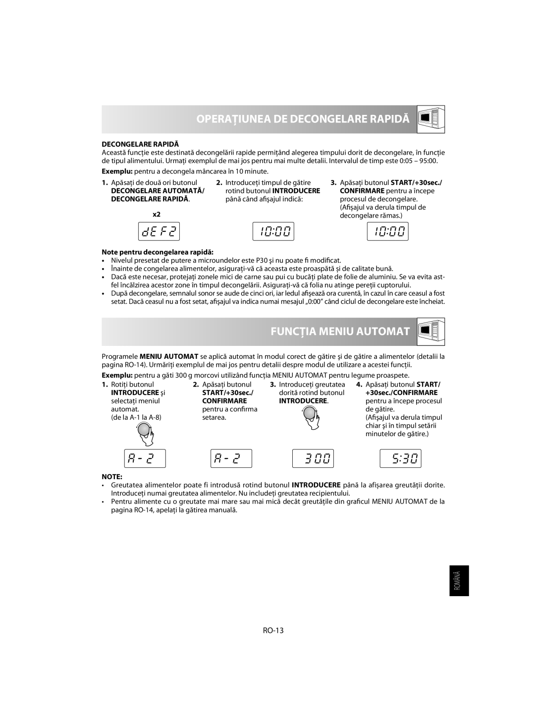 Sharp R-60ST manual Operațiunea DE Decongelare Rapidă, Funcţia Meniu Automat, RO-13, Confirmare Introducere 